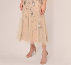 Adrianna Papell Wedding Guest Dresses|Grandmother Of The Bride & Groom*Floral Beaded Ankle Length Gown In Silver Nude