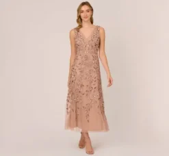 Adrianna Papell Wedding Guest Dresses|Grandmother Of The Bride & Groom*Floral Beaded Ankle Length Sleeveless Gown In Rose Gold
