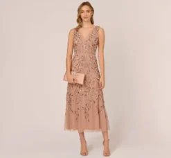 Adrianna Papell Wedding Guest Dresses|Grandmother Of The Bride & Groom*Floral Beaded Ankle Length Sleeveless Gown In Rose Gold
