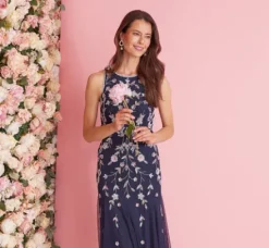Adrianna Papell Wedding Guest Dresses|Formal Dresses*Floral Beaded Blouson Tea Length Dress In Navy Blush