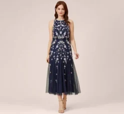 Adrianna Papell Wedding Guest Dresses|Formal Dresses*Floral Beaded Blouson Tea Length Dress In Navy Blush