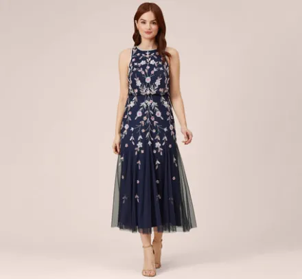 Adrianna Papell Wedding Guest Dresses|Formal Dresses*Floral Beaded Blouson Tea Length Dress In Navy Blush