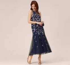 Adrianna Papell Wedding Guest Dresses|Formal Dresses*Floral Beaded Blouson Tea Length Dress In Navy Blush