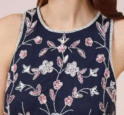 Adrianna Papell Wedding Guest Dresses|Formal Dresses*Floral Beaded Blouson Tea Length Dress In Navy Blush