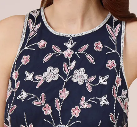 Adrianna Papell Wedding Guest Dresses|Formal Dresses*Floral Beaded Blouson Tea Length Dress In Navy Blush