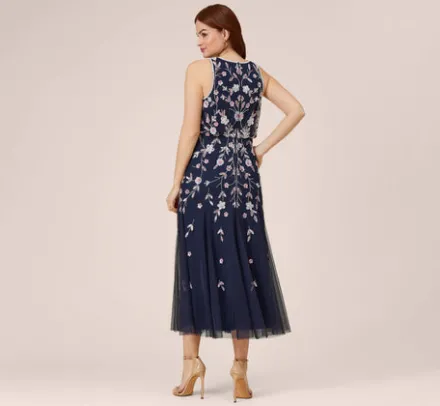 Adrianna Papell Wedding Guest Dresses|Formal Dresses*Floral Beaded Blouson Tea Length Dress In Navy Blush