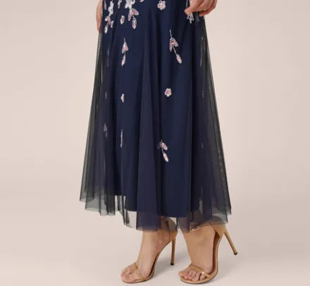 Adrianna Papell Wedding Guest Dresses|Formal Dresses*Floral Beaded Blouson Tea Length Dress In Navy Blush