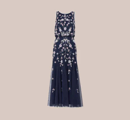 Adrianna Papell Wedding Guest Dresses|Formal Dresses*Floral Beaded Blouson Tea Length Dress In Navy Blush
