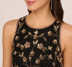 Adrianna Papell Wedding Guest Dresses|Formal Dresses*Floral Beaded Blouson Tea Length Dress In Black Gold