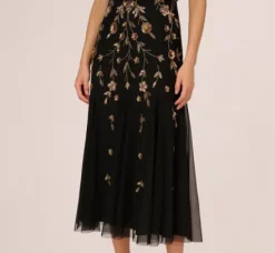 Adrianna Papell Wedding Guest Dresses|Formal Dresses*Floral Beaded Blouson Tea Length Dress In Black Gold