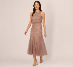 Adrianna Papell Wedding Guest Dresses|Formal Dresses*Floral Beaded Blouson Tea Length Dress In