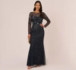 Adrianna Papell Wedding Guest Dresses|Formal Dresses*Floral Beaded Dress With Sheer Long Sleeves In