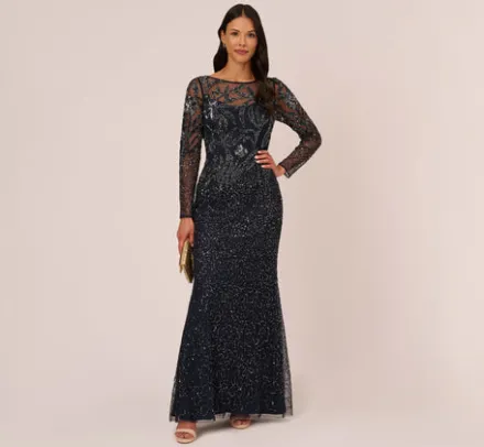 Adrianna Papell Wedding Guest Dresses|Formal Dresses*Floral Beaded Dress With Sheer Long Sleeves In