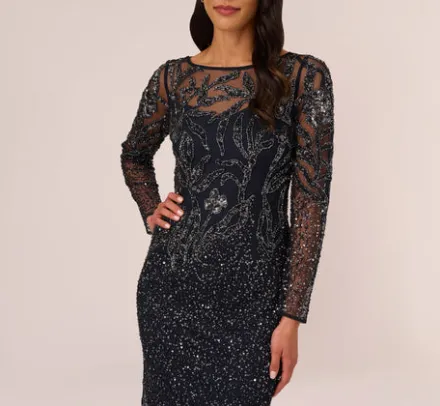 Adrianna Papell Wedding Guest Dresses|Formal Dresses*Floral Beaded Dress With Sheer Long Sleeves In