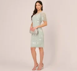 Adrianna Papell Wedding Guest Dresses|Petite-Friendly*Floral Beaded Dress With Sheer Flutter Sleeves In Icy Sage Ivory