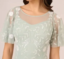 Adrianna Papell Wedding Guest Dresses|Petite-Friendly*Floral Beaded Dress With Sheer Flutter Sleeves In Icy Sage Ivory