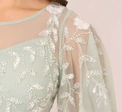 Adrianna Papell Wedding Guest Dresses|Petite-Friendly*Floral Beaded Dress With Sheer Flutter Sleeves In Icy Sage Ivory