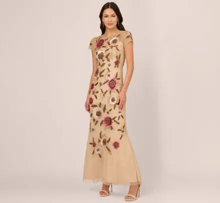 Adrianna Papell Wedding Guest Dresses|Formal Dresses*Floral Beaded Mermaid Gown With Illusion Neck And Short Sleeves In Nude Multi