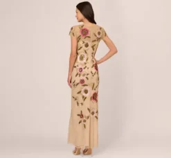 Adrianna Papell Wedding Guest Dresses|Formal Dresses*Floral Beaded Mermaid Gown With Illusion Neck And Short Sleeves In Nude Multi