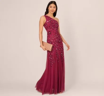 Adrianna Papell Wedding Guest Dresses|Formal Dresses*Floral Beaded One Shoulder Mermaid Gown With Godet Skirt In