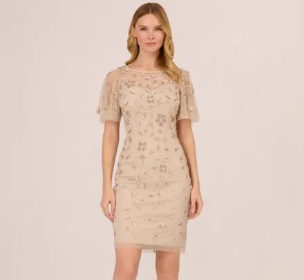 Adrianna Papell Wedding Guest Dresses*Floral Beaded Sheath Dress With Sheer Neck And Sleeves In