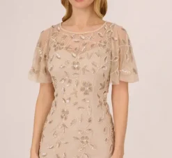 Adrianna Papell Wedding Guest Dresses*Floral Beaded Sheath Dress With Sheer Neck And Sleeves In