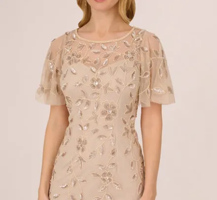 Adrianna Papell Wedding Guest Dresses*Floral Beaded Sheath Dress With Sheer Neck And Sleeves In
