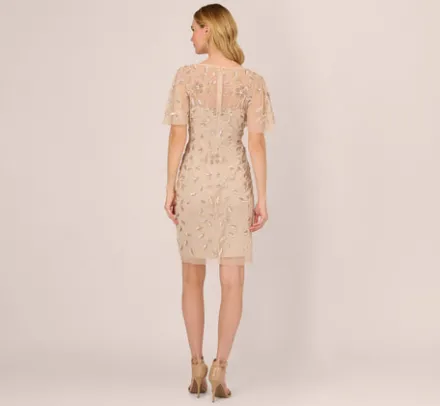 Adrianna Papell Wedding Guest Dresses*Floral Beaded Sheath Dress With Sheer Neck And Sleeves In