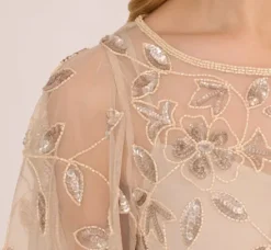 Adrianna Papell Wedding Guest Dresses*Floral Beaded Sheath Dress With Sheer Neck And Sleeves In