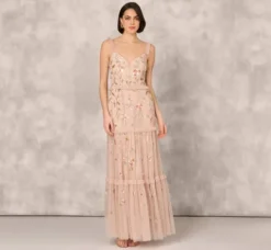 Adrianna Papell Wedding Guest Dresses|Formal Dresses*Floral Beaded Tiered Gown With Ruffle Details In Pink Multi