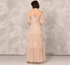 Adrianna Papell Wedding Guest Dresses|Formal Dresses*Floral Beaded Tiered Gown With Ruffle Details In Pink Multi