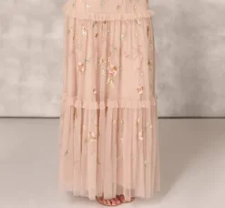 Adrianna Papell Wedding Guest Dresses|Formal Dresses*Floral Beaded Tiered Gown With Ruffle Details In Pink Multi