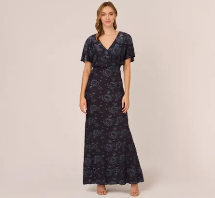 Adrianna Papell Wedding Guest Dresses|Formal Dresses*Floral Burnout Velvet Long Blouson Gown In