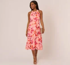 Adrianna Papell Wedding Guest Dresses|Day Dresses*Floral Chiffon Halter Dress With Tiered Skirt In Apricot Multi