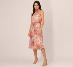 Adrianna Papell Wedding Guest Dresses|Day Dresses*Floral Chiffon Halter Midi Dress With Blouson Bodice In Red Multi