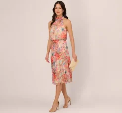 Adrianna Papell Wedding Guest Dresses|Day Dresses*Floral Chiffon Halter Midi Dress With Blouson Bodice In Red Multi
