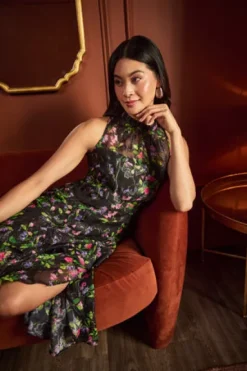 Adrianna Papell Wedding Guest Dresses|Petite-Friendly*Floral Chiffon Halter Midi Dress With Flounce Hem In Black Multi