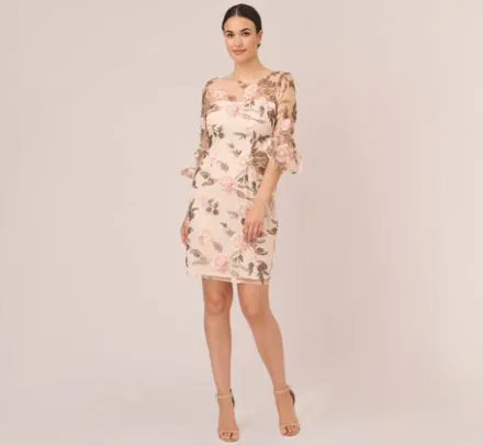 Adrianna Papell Wedding Guest Dresses|Day Dresses*Floral Embroidered Bell Sleeve Sheath Dress In Blush Multi