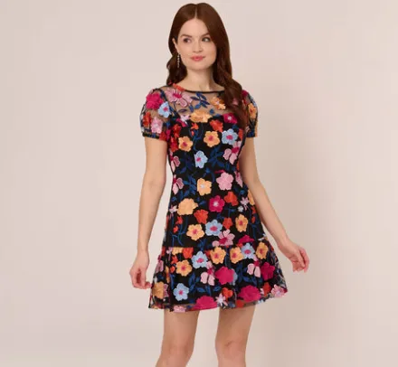 Adrianna Papell Wedding Guest Dresses|Ap Exclusives*Floral Embroidered Flounce Dress With Sheer Short Sleeves In Black Multi