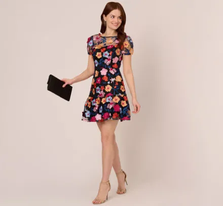Adrianna Papell Wedding Guest Dresses|Ap Exclusives*Floral Embroidered Flounce Dress With Sheer Short Sleeves In Black Multi
