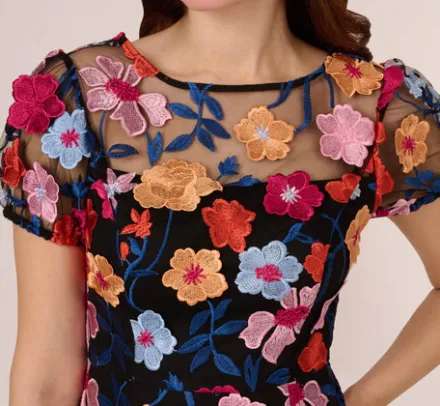 Adrianna Papell Wedding Guest Dresses|Ap Exclusives*Floral Embroidered Flounce Dress With Sheer Short Sleeves In Black Multi