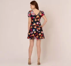 Adrianna Papell Wedding Guest Dresses|Ap Exclusives*Floral Embroidered Flounce Dress With Sheer Short Sleeves In Black Multi