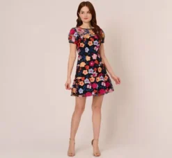 Adrianna Papell Wedding Guest Dresses|Ap Exclusives*Floral Embroidered Flounce Dress With Sheer Short Sleeves In Black Multi