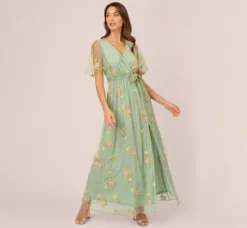 Adrianna Papell Wedding Guest Dresses|Ap Exclusives*Floral Embroidered Maxi Dress With Sheer Flutter Sleeves In Sage Multi