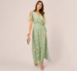 Adrianna Papell Wedding Guest Dresses|Ap Exclusives*Floral Embroidered Maxi Dress With Sheer Flutter Sleeves In Sage Multi