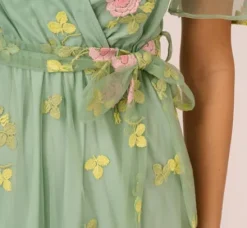 Adrianna Papell Wedding Guest Dresses|Ap Exclusives*Floral Embroidered Maxi Dress With Sheer Flutter Sleeves In Sage Multi