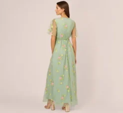 Adrianna Papell Wedding Guest Dresses|Ap Exclusives*Floral Embroidered Maxi Dress With Sheer Flutter Sleeves In Sage Multi