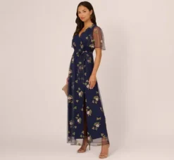 Adrianna Papell Wedding Guest Dresses|Ap Exclusives*Floral Embroidered Maxi Dress With Sheer Flutter Sleeves In Navy Multi