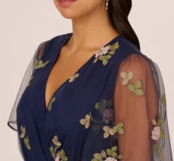 Adrianna Papell Wedding Guest Dresses|Ap Exclusives*Floral Embroidered Maxi Dress With Sheer Flutter Sleeves In Navy Multi