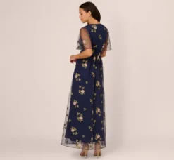 Adrianna Papell Wedding Guest Dresses|Ap Exclusives*Floral Embroidered Maxi Dress With Sheer Flutter Sleeves In Navy Multi